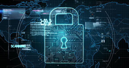 Poster - Image of analysis text, data processing over security padlock