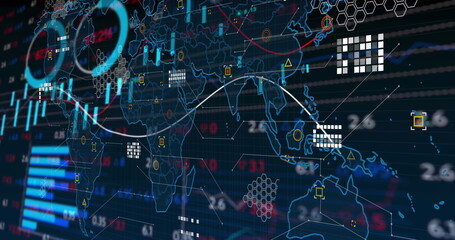 Poster - Image of data processing with statistics over world map