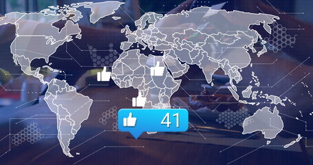 Poster - Image of social media reactions and world map over hand of people using wireless payments