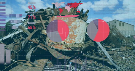 Poster - Image of infographic interface over piled up metal scrap in scrapyard