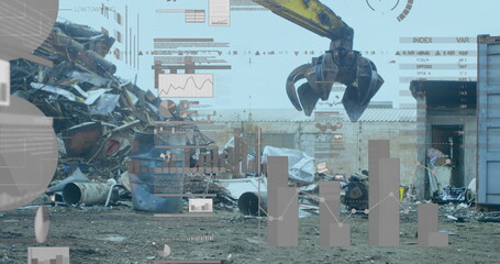 Poster - Image of infographic interface over scrap shearing machine pilling up metal scrap