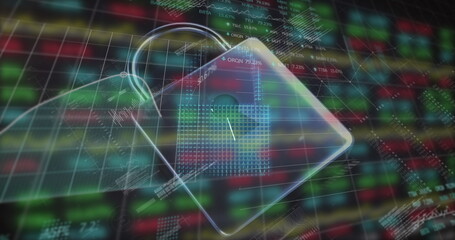 Poster - Image of financial data and digital padlock on black background