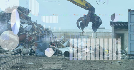 Poster - Image of infographic interface over scrap shearing machine pilling up metal scrap