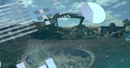 Poster - Image of infographic interface over crane piling up metal scrap in scrap yard