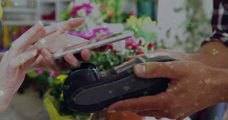 Poster - Image of data processing over caucasian woman who is paying with her phone