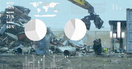 Poster - Image of infographic interface over scrap shearing machine pilling up metal scrap