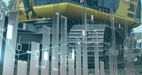 Poster - Image of multiple graphs with numbers over midsection of scrap yard machinery in scrap yard