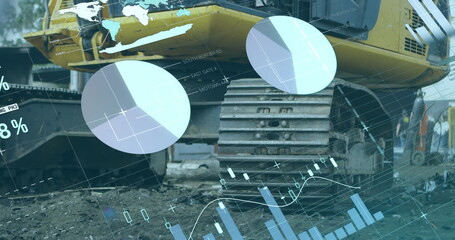 Poster - Image of multicolored infographic interface over piled up metal scrap in scrapyard