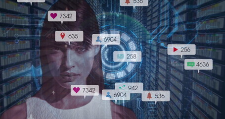 Sticker - Image of social media icons over caucasian woman and data processing against server room