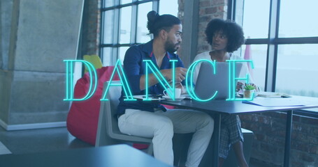 Poster - Image of dance text over diverse business people using laptop