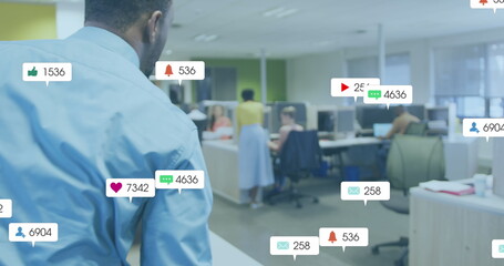 Poster - Image of social media icons with numbers over diverse business people