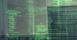 Image of financial data processing over cityscape with computer servers