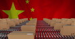 Image of cardboard boxes on conveyor belts over flag of china