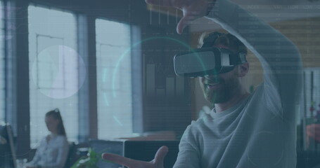Poster - Image of financial data processing over caucasian businessman using vr headset in office