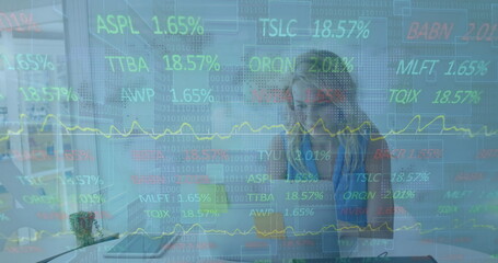 Poster - Image of financial data processing over businesswoman