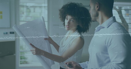 Poster - Image of financial data processing over diverse business people in office
