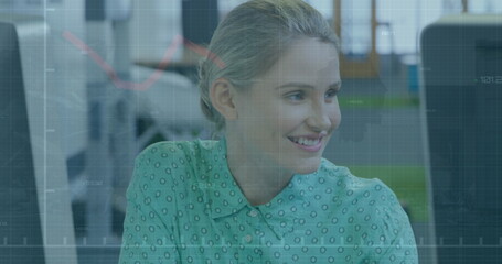 Aufkleber - Image of financial data processing over caucasian businesswoman using computer in office