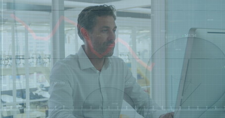 Aufkleber - Image of financial data processing over caucasian businessman using computer in office