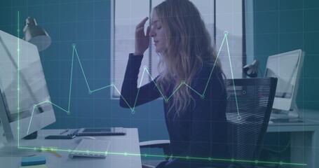 Poster - Image of financial data processing over caucasian businesswoman in office