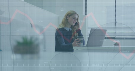 Poster - Image of financial data processing over caucasian businesswoman using computer in office