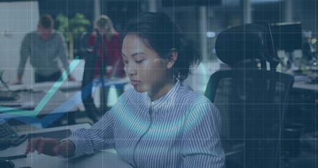 Poster - Image of financial data processing over biracial businesswoman working in office