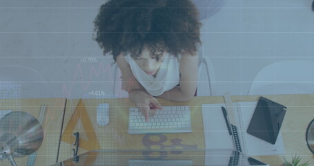 Poster - Image of financial data processing over biracial businesswoman working in office
