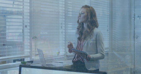 Poster - Image of financial data processing over caucasian businesswoman working in office