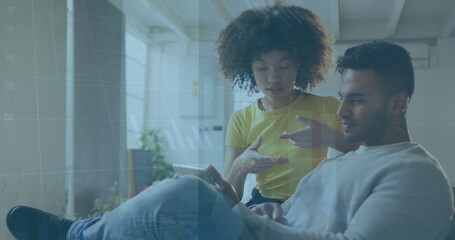 Poster - Image of data processing over diverse business people working in office