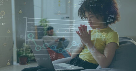 Poster - Image of financial data processing over biracial businesswoman working in office
