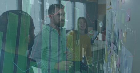 Poster - Image of financial data processing over diverse business people in office