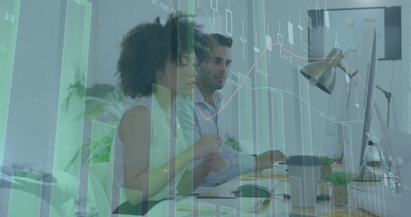 Poster - Image of graphs and changing numbers over diverse coworkers discussing reports on computer
