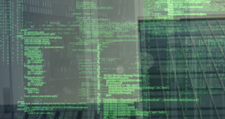 Poster - Image of financial data processing over cityscape with computer servers