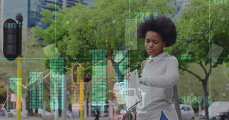 Poster - Image of icons, graphs, african american woman with coffee and digital tablet looking at clock