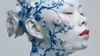 © pkproject - Serene Porcelain Portrait of Tranquil Woman Adorned with Floral Carvings and Ink-Style Branches