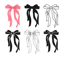 Wall Mural - Ribbon bows romantic symbol set. Trendy festive tape sign for celebrations silhouette, icon linear design. Various cartoon bow knot gift ribbon silk accessory. Cute outline cartoon vector illustration