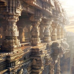 Poster - ancient temple, hindu architecture, set in heavenly background, stone architecture, detailed wall carvings