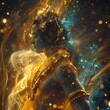 hindu god lord rama appearing in space,dark metalic liquid,golden metal