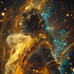 Wall Mural - hindu god lord rama appearing in space,dark metalic liquid,golden metal