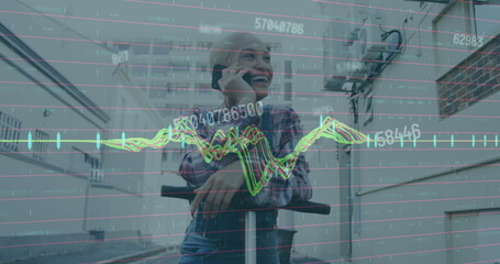 Poster - Image of graphs, changing numbers, bald biracial woman standing on scooter and talking on phone