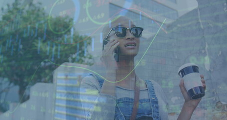 Poster - Image of graphs, trading board, caucasian bald woman drinking coffee and talking on phone