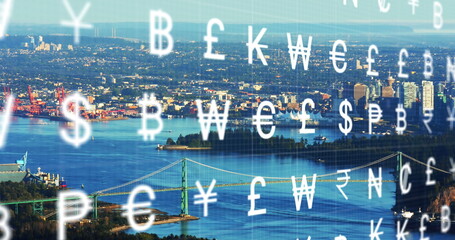 Poster - Image of currency symbols over time lapse of moving boat in ocean against modern city