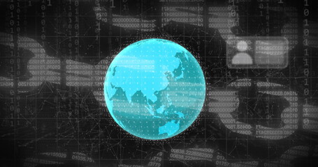 Poster - Image of message boxes, binary codes, globe, blockchain and connected dots over black background