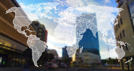 Poster - Image of map over time lapse of moving vehicles on street against buildings and cloudy sky