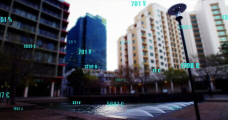 Poster - Image of changing numbers and currency symbols, time lapse of people walking around buildings