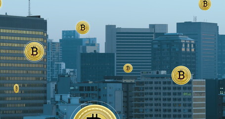Poster - Image of bitcoins moving over aerial view of modern city against sky