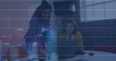 Poster - Image of statistical data processing against two diverse women over laptop discussing at office
