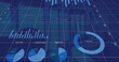 Various financial charts and graphs displaying data in vibrant blue background