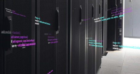 Poster - Image of multicolored computer programming language over data server room