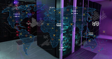 Wall Mural - Image of circuit board pattern on map over data server racks in server room