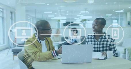 Poster - Image of flowchart of icons over diverse african american coworkers discussing reports on laptop